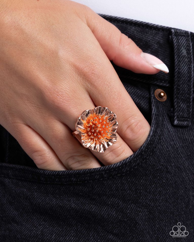 Paparazzi Antique Adornment copper floral ring with textured petals and studded center