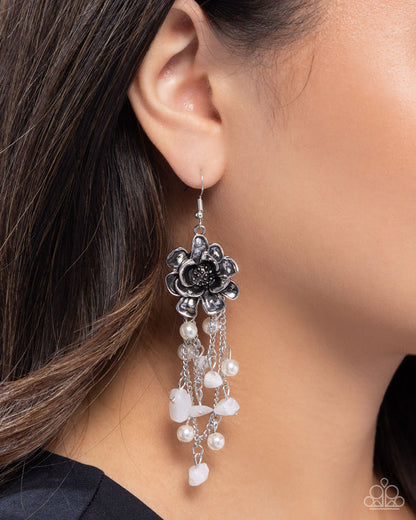 Carefree Cascade White Paparazzi earrings with silver flower, white stones, pearls, and cascading chains