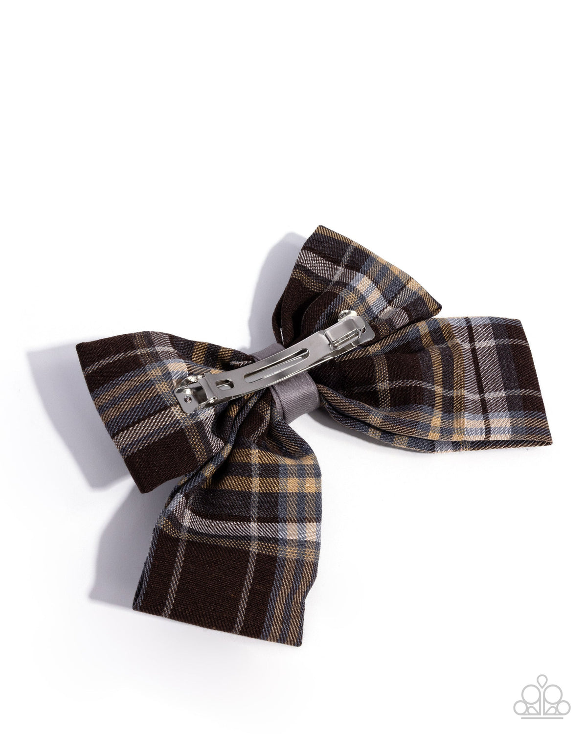 Back view of Front BOW Seat brown plaid hair clip
