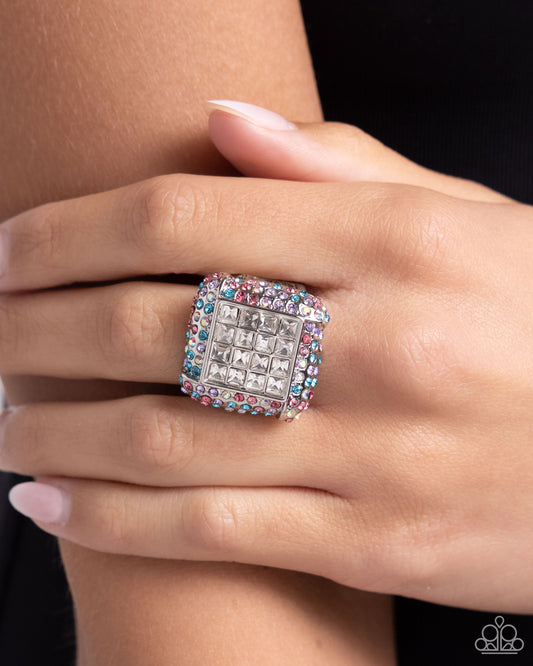 Paparazzi Medium SQUARE Multi rhinestone stretch ring - Jewelry by Bretta