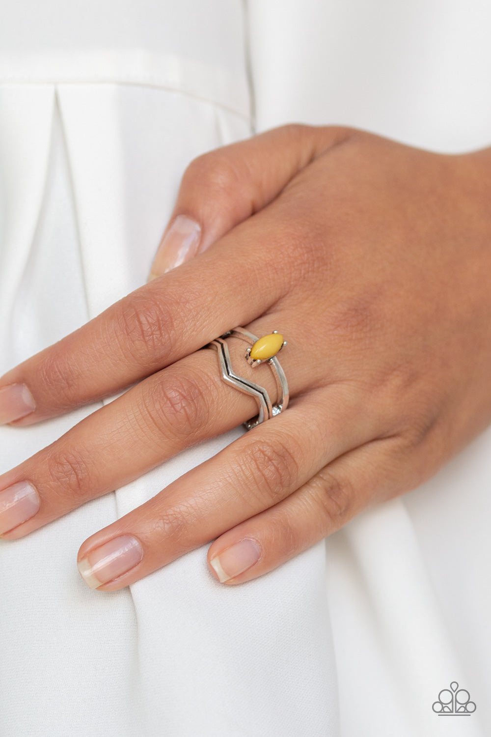 Panama Peak yellow oval bead silver Paparazzi stretch ring