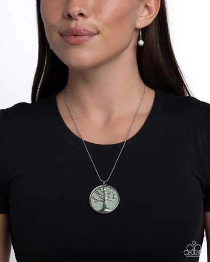 Paparazzi Tree Talisman green necklace style 2 silver tree pendant front view