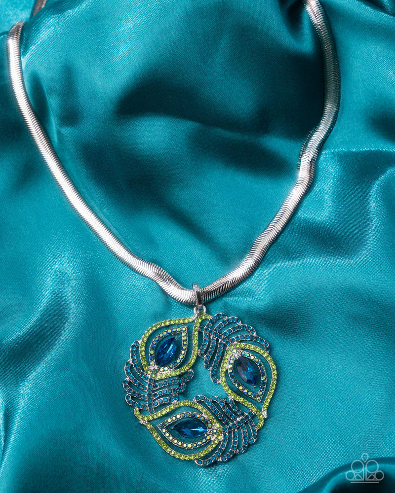 Peacock Patchwork blue gem and green rhinestone pendant closeup