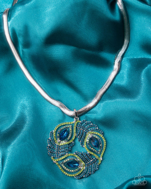 Peacock Patchwork blue gem and green rhinestone pendant closeup