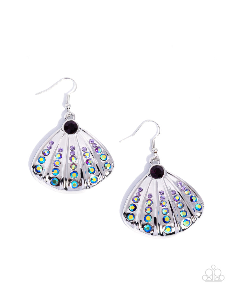 Sophisticated Seashell Purple silver seashell earrings with violet and amethyst iridescent rhinestones