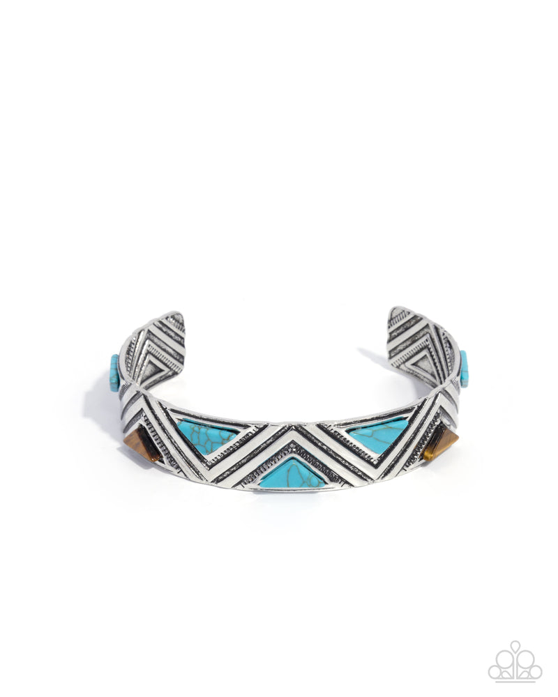Tantalizing Triangles Blue Paparazzi silver cuff bracelet with turquoise and tiger's eye triangle stones