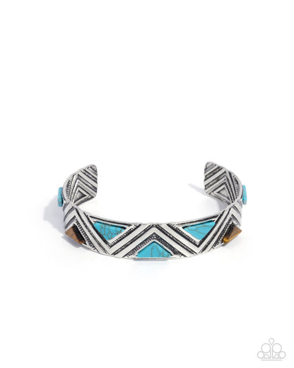 Tantalizing Triangles Blue Paparazzi silver cuff bracelet with turquoise and tiger's eye triangle stones