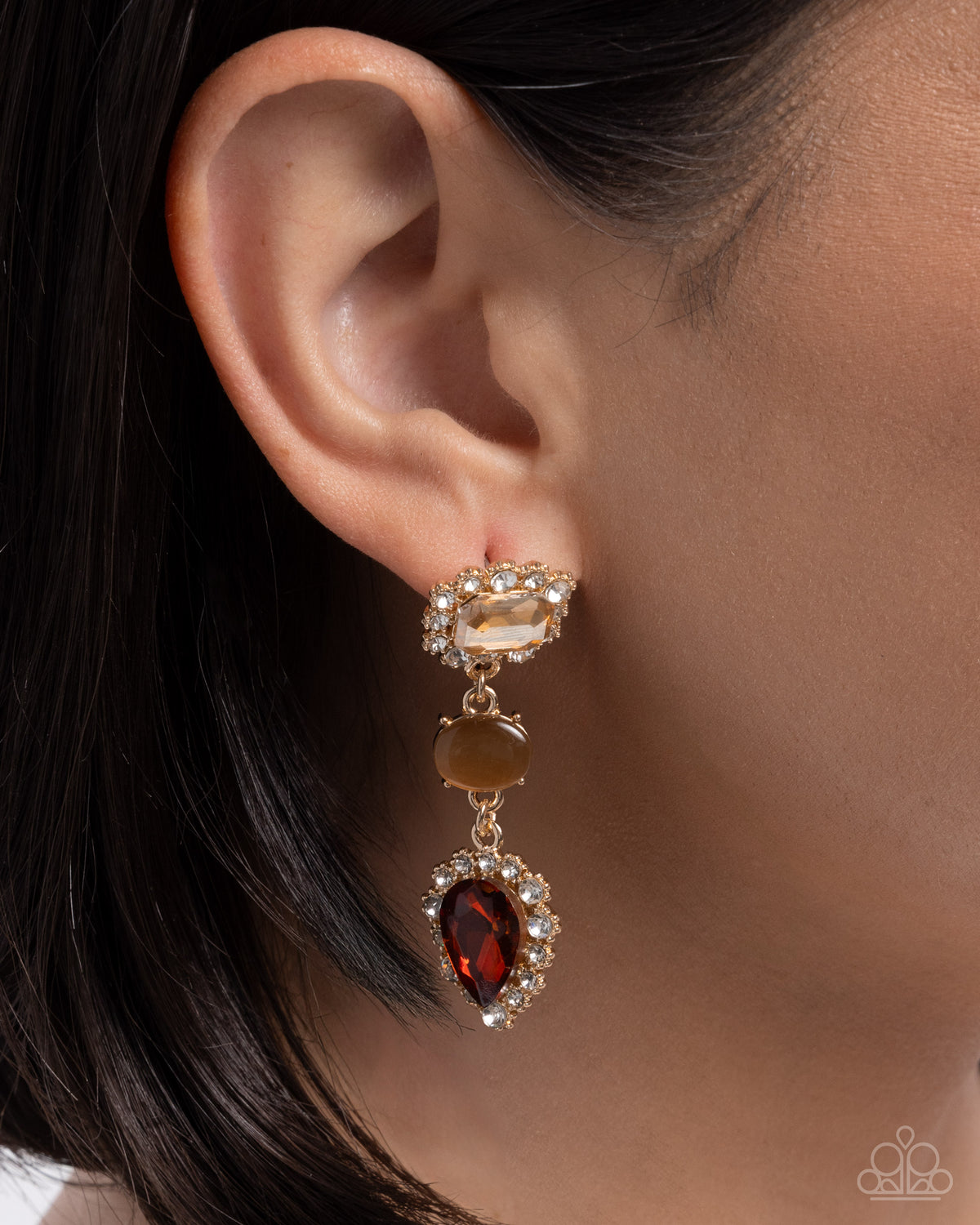 Three is Better Than One brown topaz and rhinestone earring detail