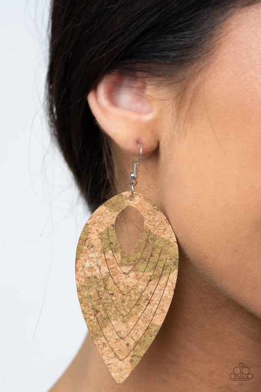 Paparazzi Accessories-Cork Cabana - Green Earrings